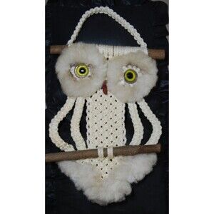 Vtg. Bohemian Boho White  Macrame Owl Wall Hanging Ceramic Eyes & Beak Fluffy